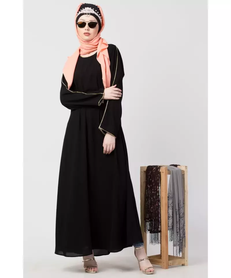 Black Nazneen Golden Piping At Sleeve Casual Abaya