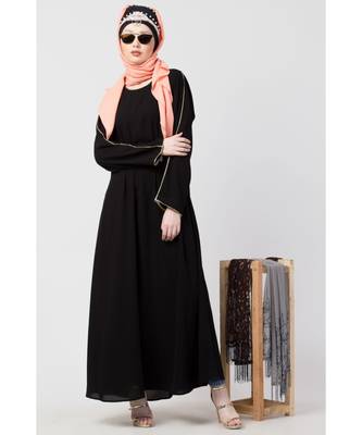 Black Nazneen Golden Piping At Sleeve Casual Abaya 1