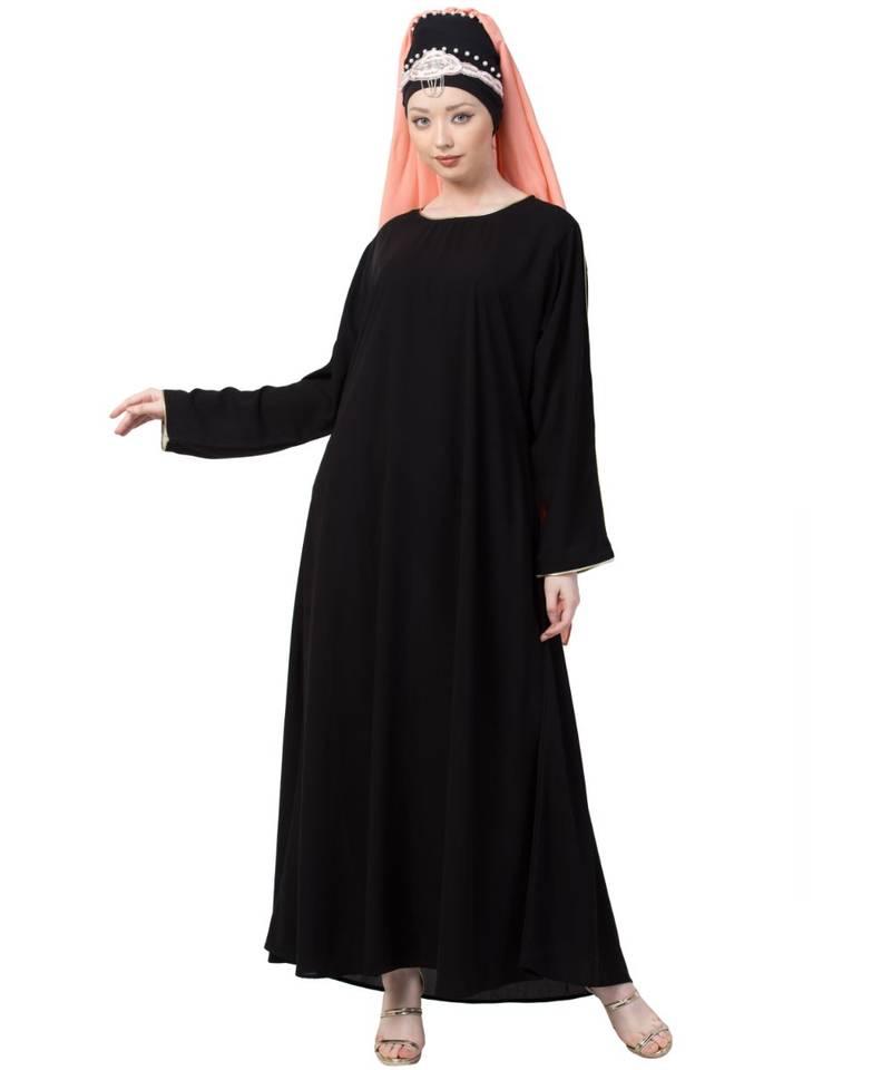 Black Nazneen Golden Piping At Sleeve Casual Abaya