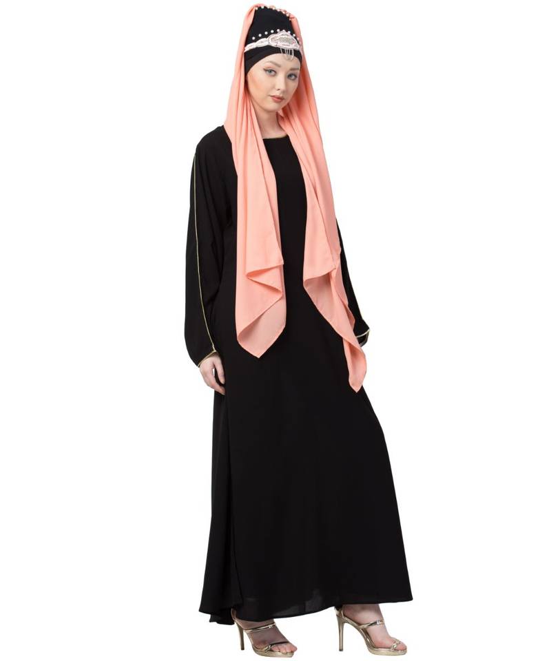 Black Nazneen Golden Piping At Sleeve Casual Abaya