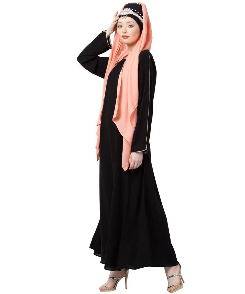 Black Nazneen Golden Piping At Sleeve Casual Abaya