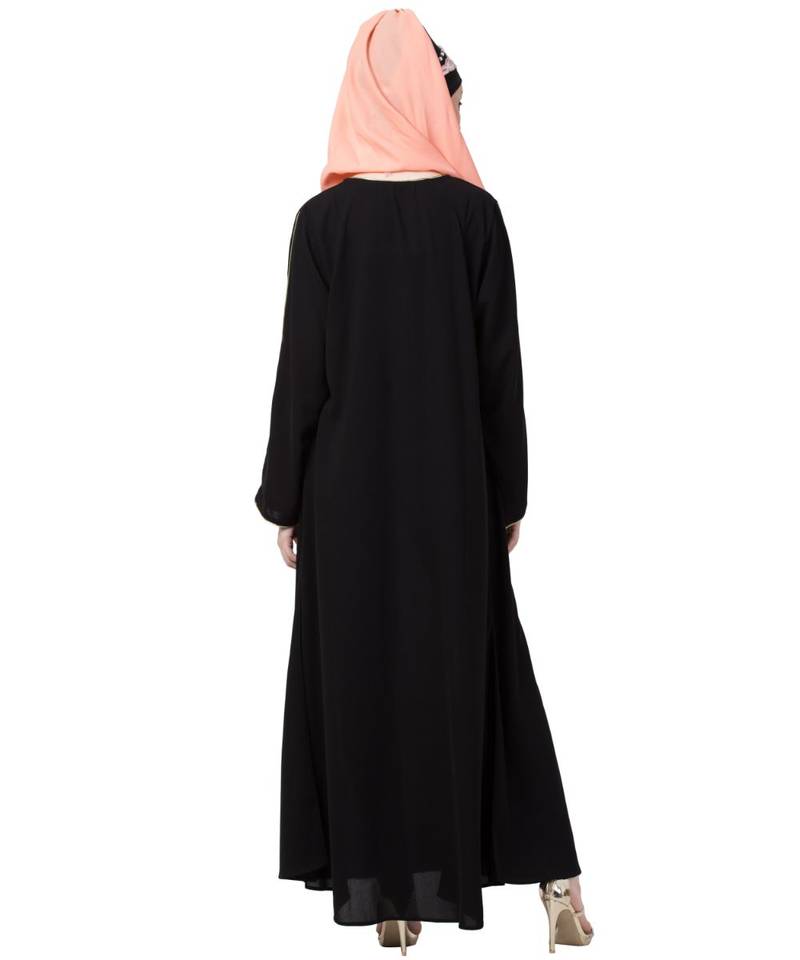 Black Nazneen Golden Piping At Sleeve Casual Abaya