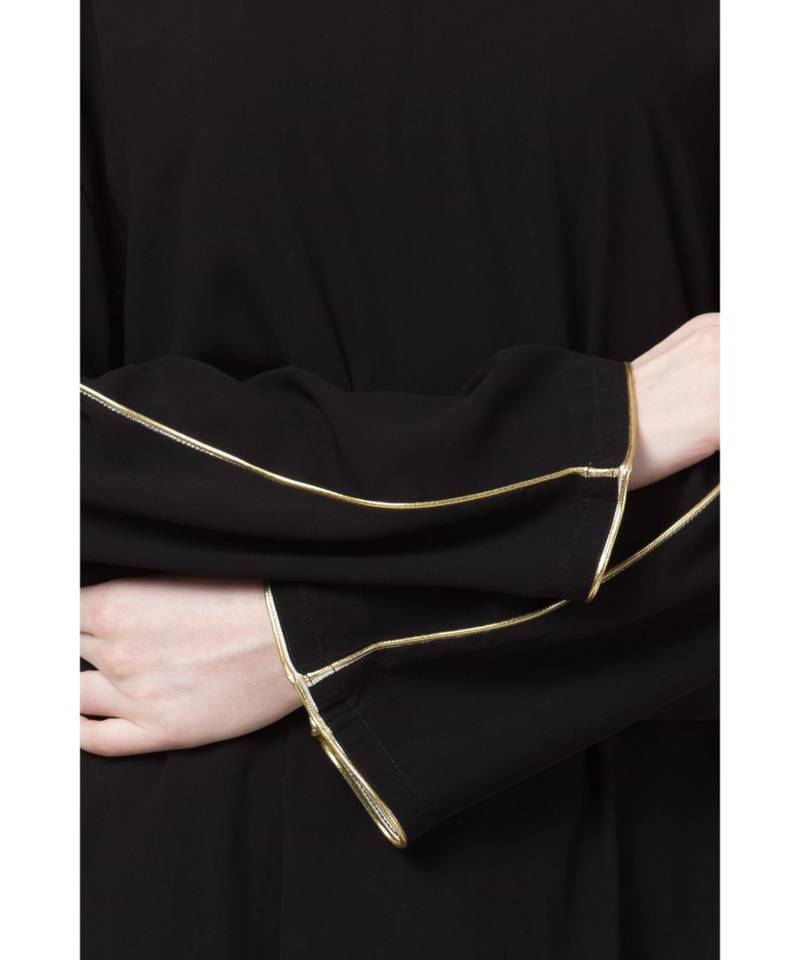 Black Nazneen Golden Piping At Sleeve Casual Abaya