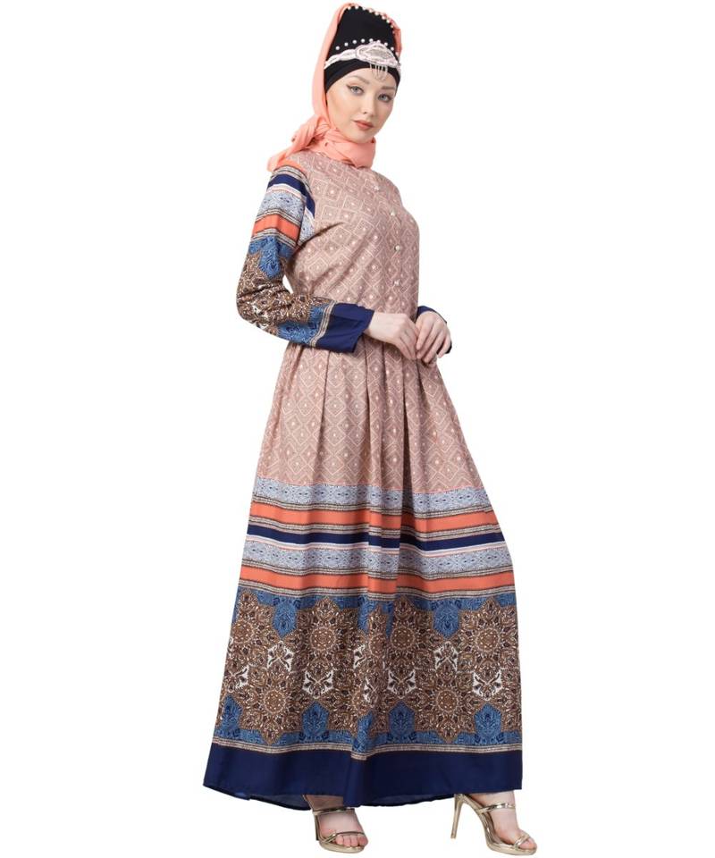 Multicolor Nazneen Border Print Pleated Abaya