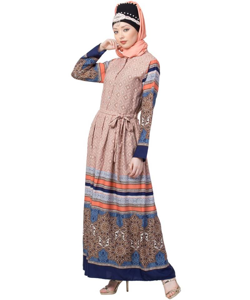 Multicolor Nazneen Border Print Pleated Abaya