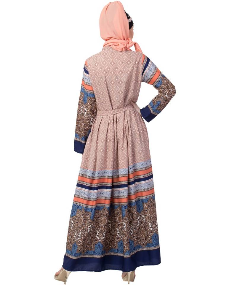 Multicolor Nazneen Border Print Pleated Abaya
