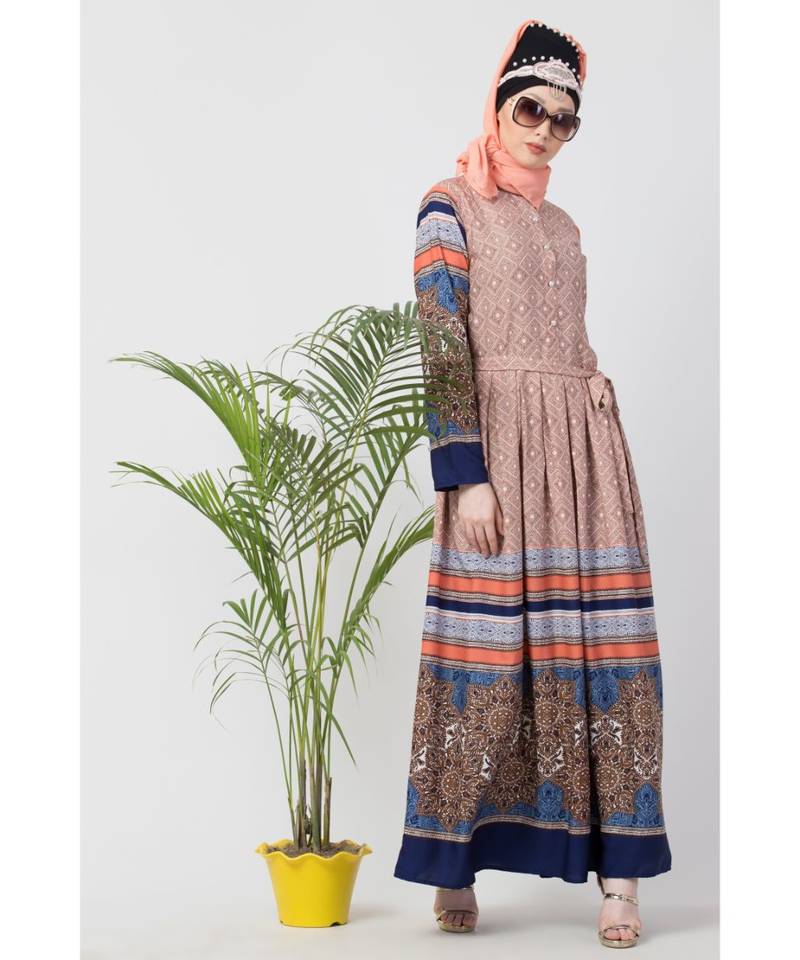 Multicolor Nazneen Border Print Pleated Abaya