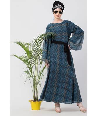 Blue Nazneen Zig Zag Printed Bell Sleeve Abaya 1
