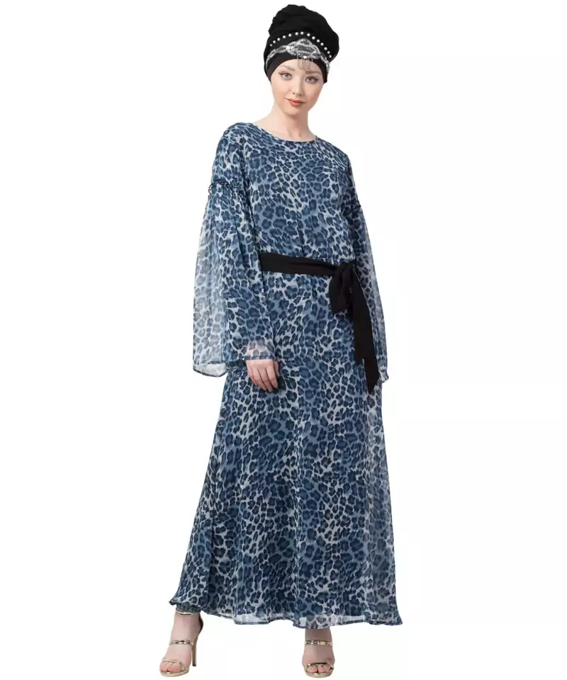 Blue Nazneen Animal Printed Bell Sleeve Casual Abaya