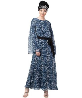 Blue Nazneen Animal Printed Bell Sleeve Casual Abaya 1