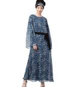 Blue Nazneen Animal Printed Bell Sleeve Casual Abaya