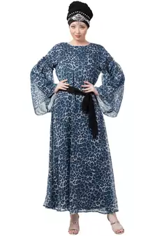 Blue Nazneen Animal Printed Bell Sleeve Casual Abaya