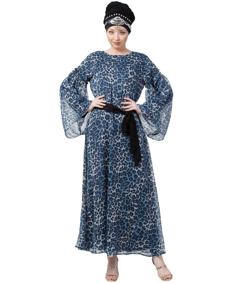 Blue Nazneen Animal Printed Bell Sleeve Casual Abaya
