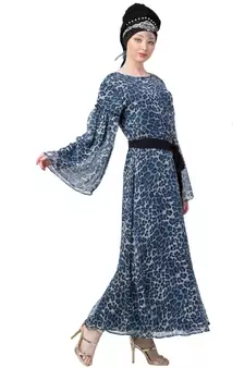 Blue Nazneen Animal Printed Bell Sleeve Casual Abaya