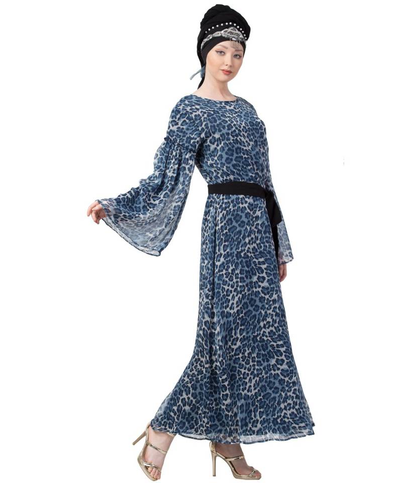 Blue Nazneen Animal Printed Bell Sleeve Casual Abaya