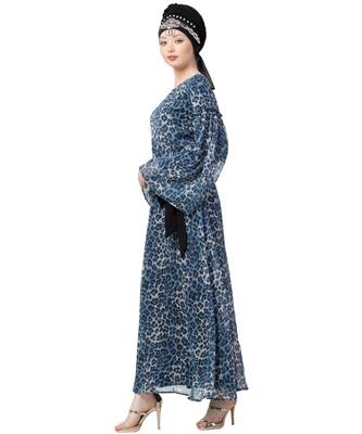 Blue Nazneen Animal Printed Bell Sleeve Casual Abaya 4