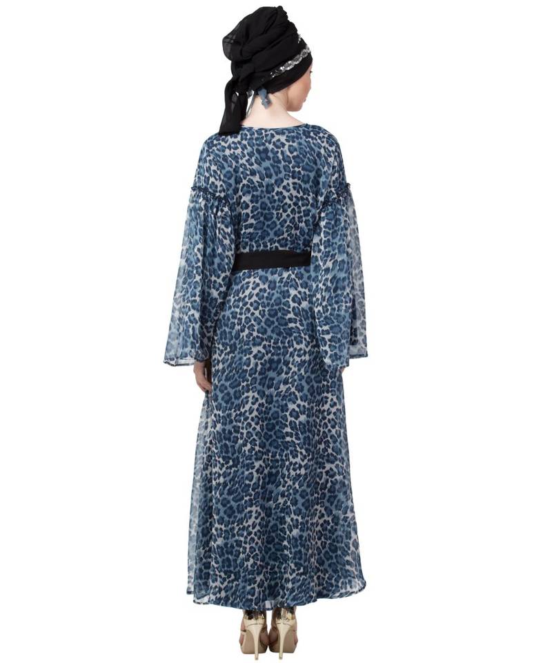 Blue Nazneen Animal Printed Bell Sleeve Casual Abaya