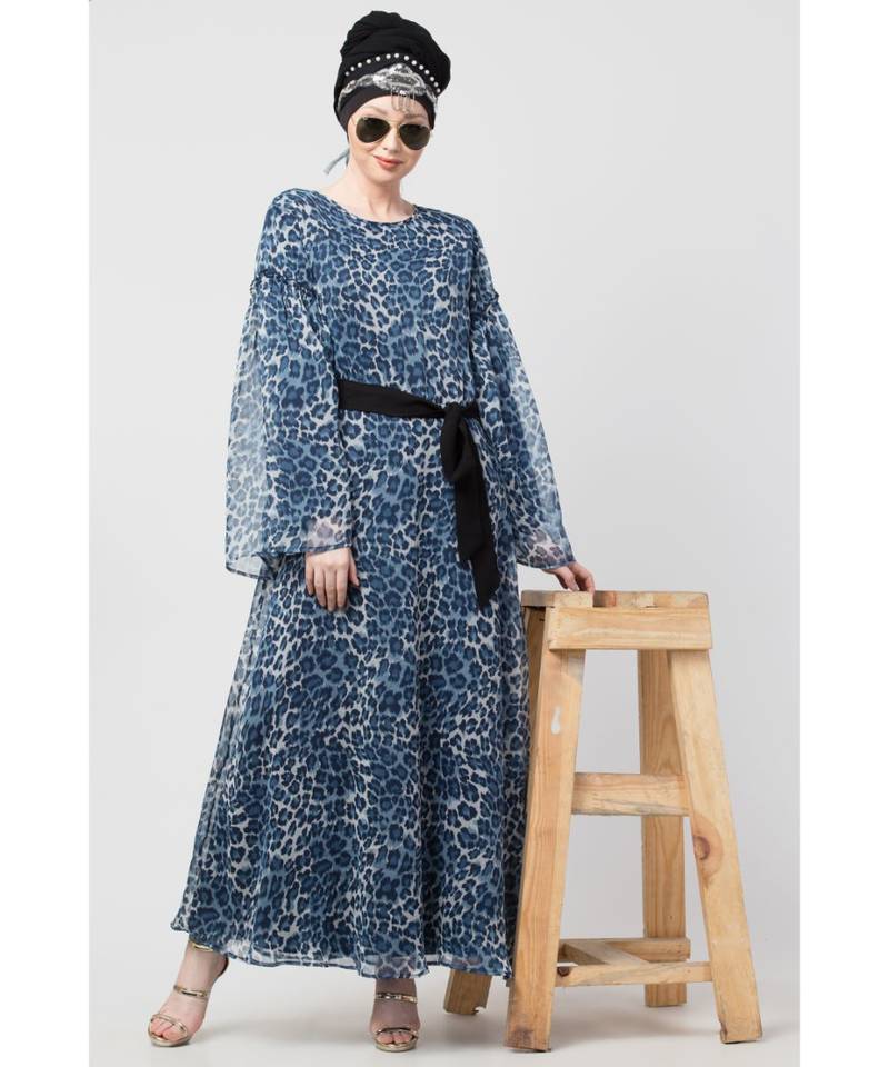 Blue Nazneen Animal Printed Bell Sleeve Casual Abaya