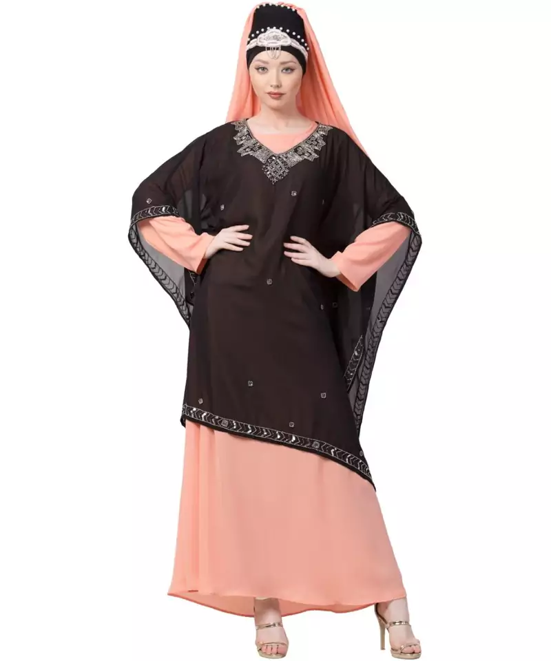 Peach Nazneen Double Layer Embellished Party Abaya