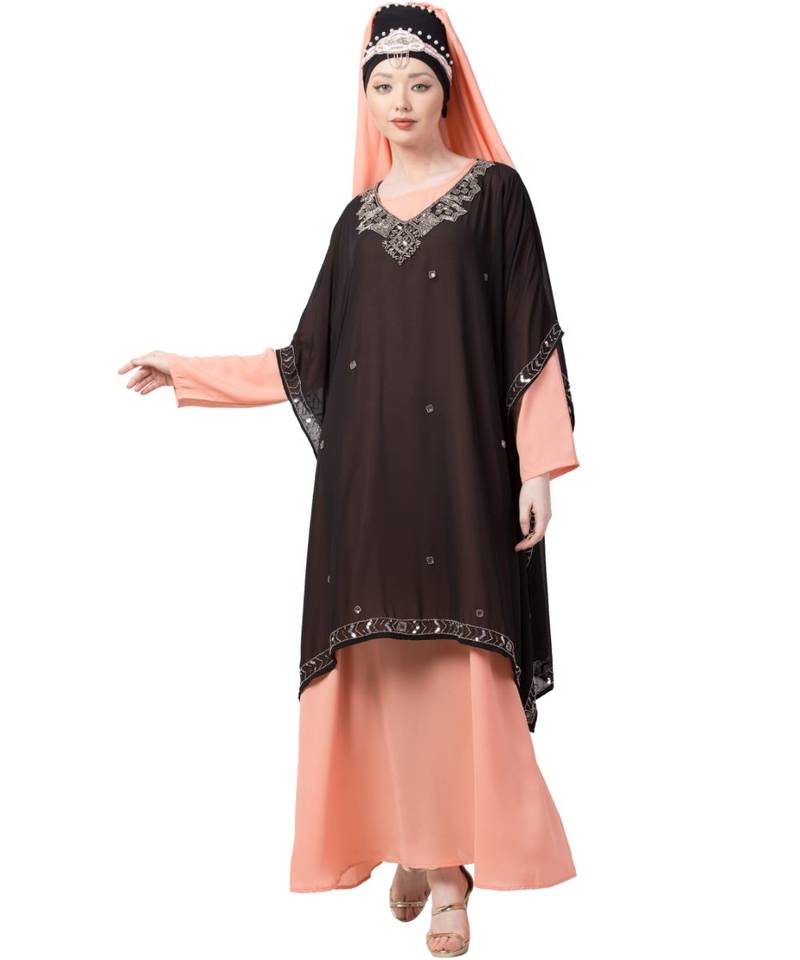 Peach Nazneen Double Layer Embellished Party Abaya