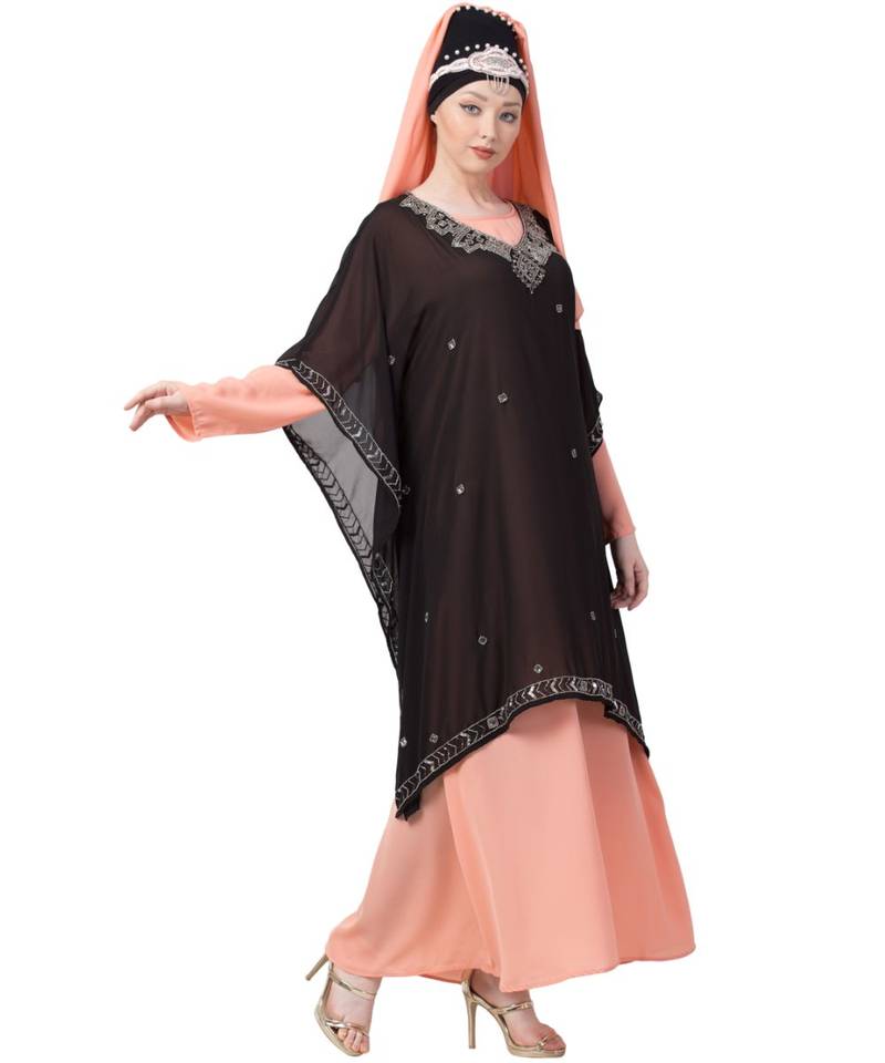 Peach Nazneen Double Layer Embellished Party Abaya