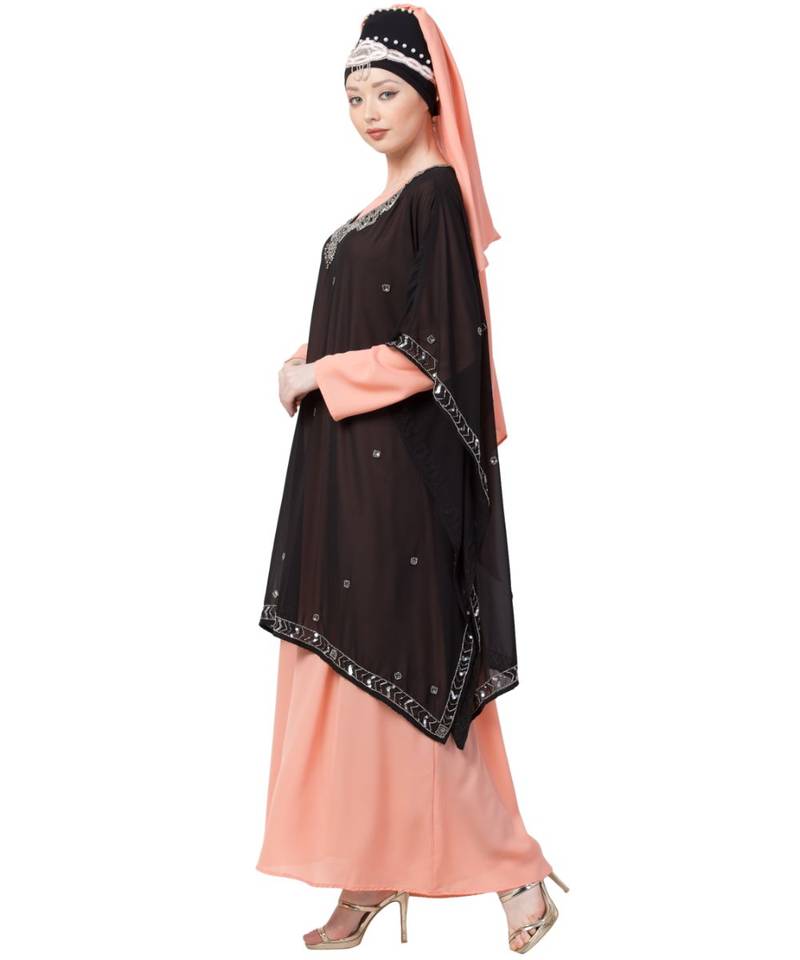 Peach Nazneen Double Layer Embellished Party Abaya