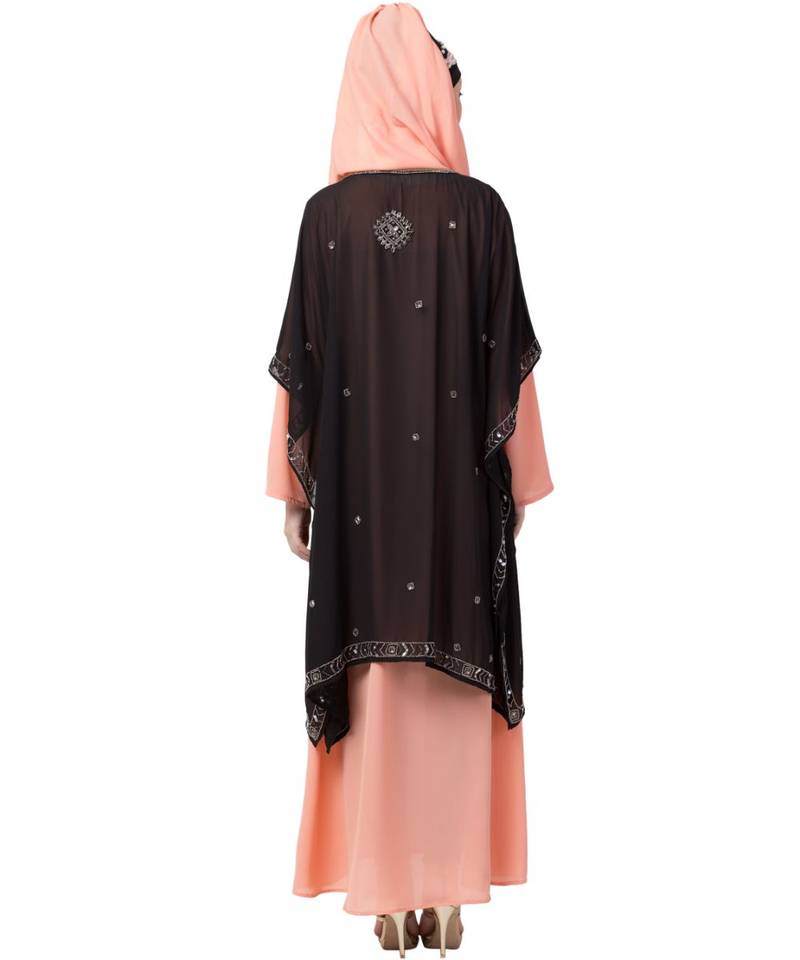 Peach Nazneen Double Layer Embellished Party Abaya