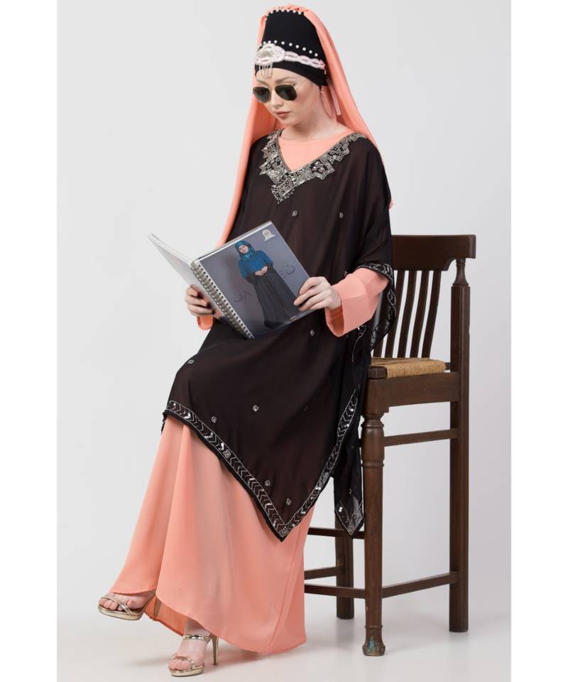 Peach Nazneen Double Layer Embellished Party Abaya