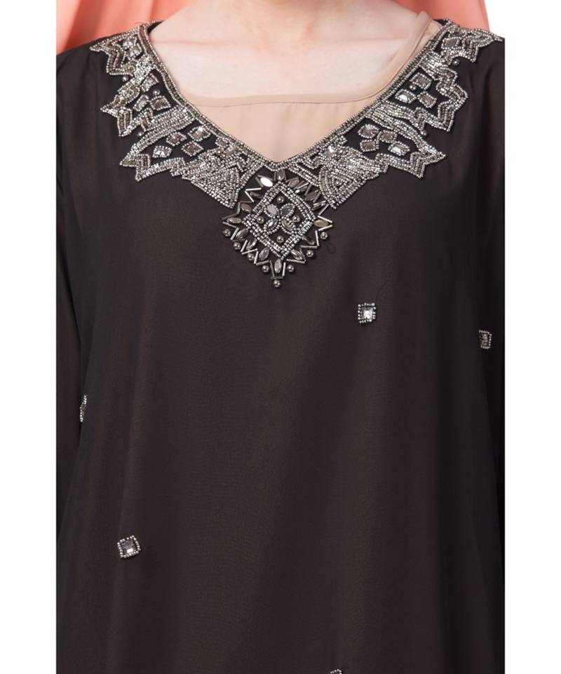 Peach Nazneen Double Layer Embellished Party Abaya