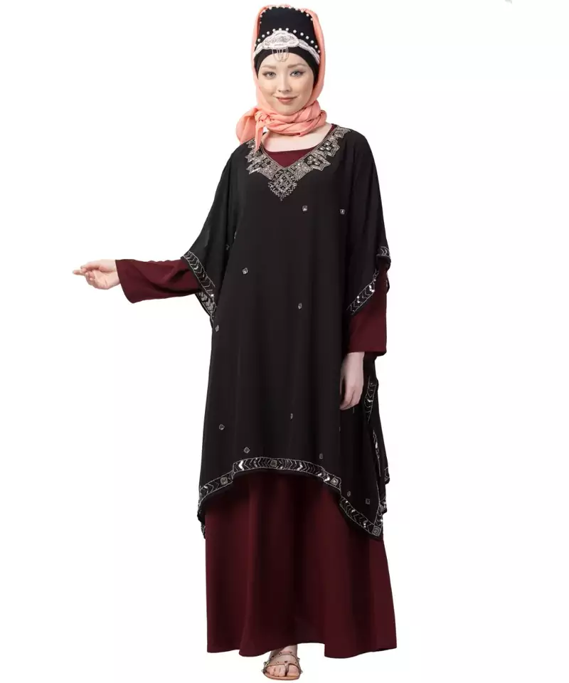 Maroon Nazneen Double Layer Embellished Party Abaya