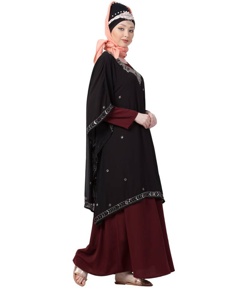 Maroon Nazneen Double Layer Embellished Party Abaya