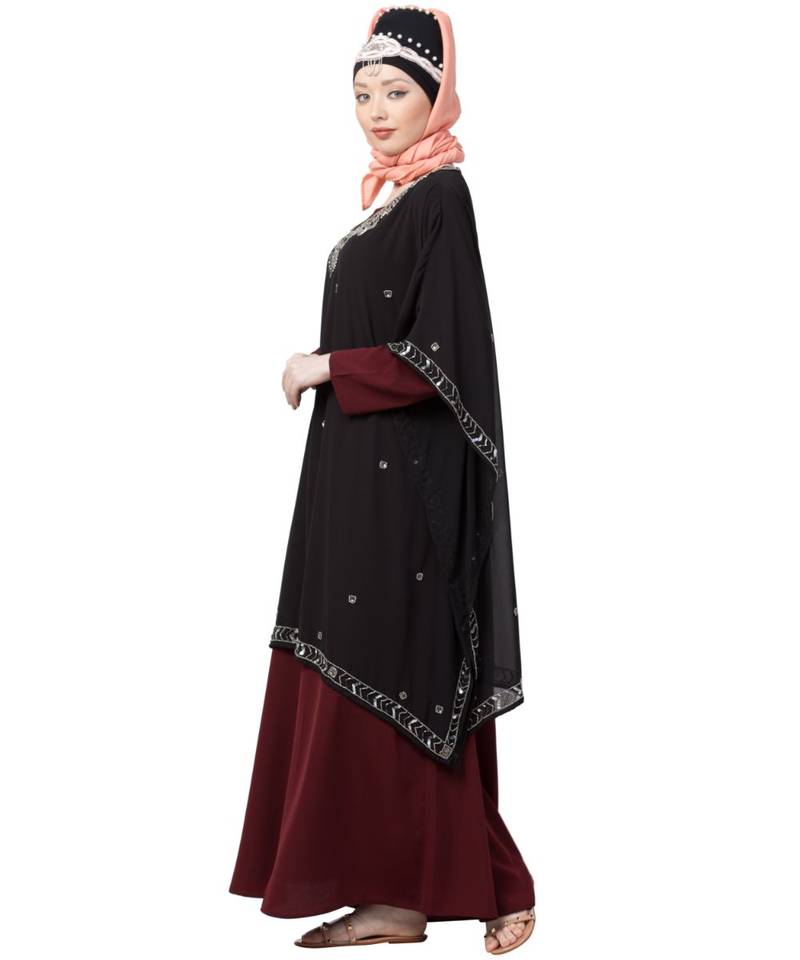 Maroon Nazneen Double Layer Embellished Party Abaya