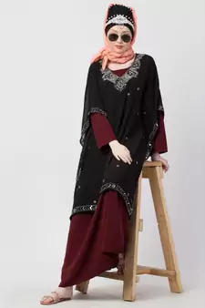 Maroon Nazneen Double Layer Embellished Party Abaya