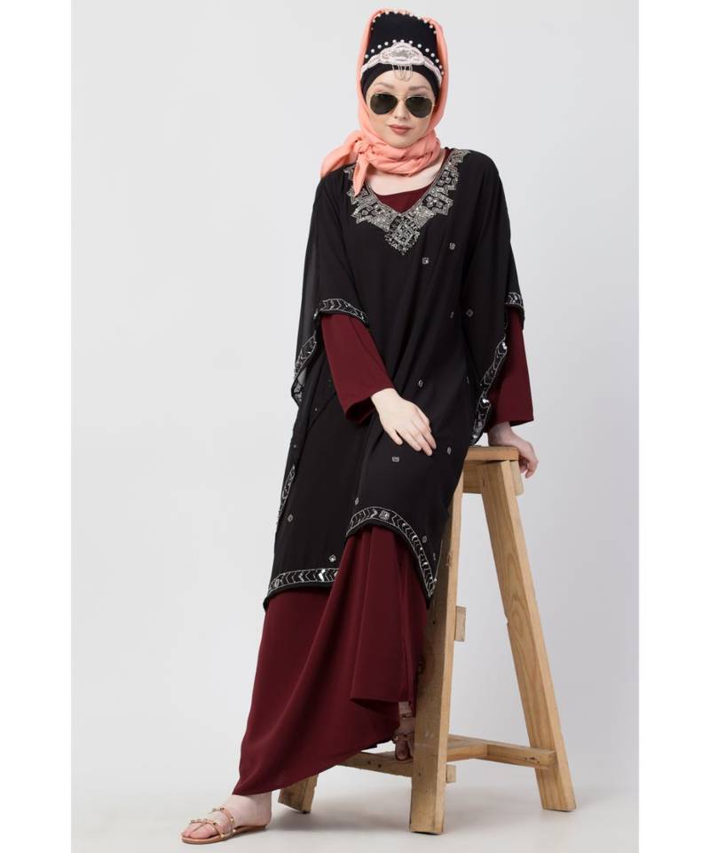 Maroon Nazneen Double Layer Embellished Party Abaya