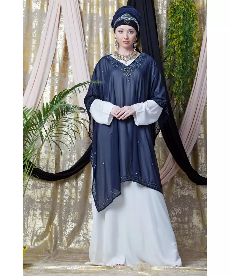 Blue Nazneen Double Layer Embellished Party Abaya