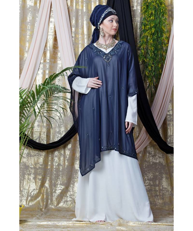 Blue Nazneen Double Layer Embellished Party Abaya