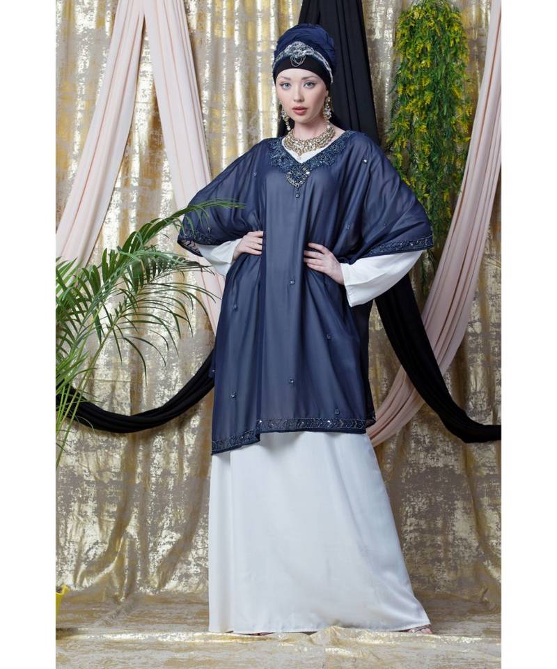 Blue Nazneen Double Layer Embellished Party Abaya