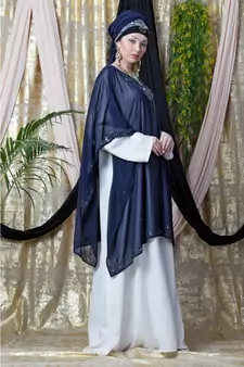 Blue Nazneen Double Layer Embellished Party Abaya