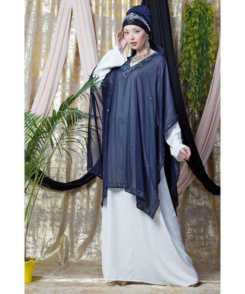 Blue Nazneen Double Layer Embellished Party Abaya
