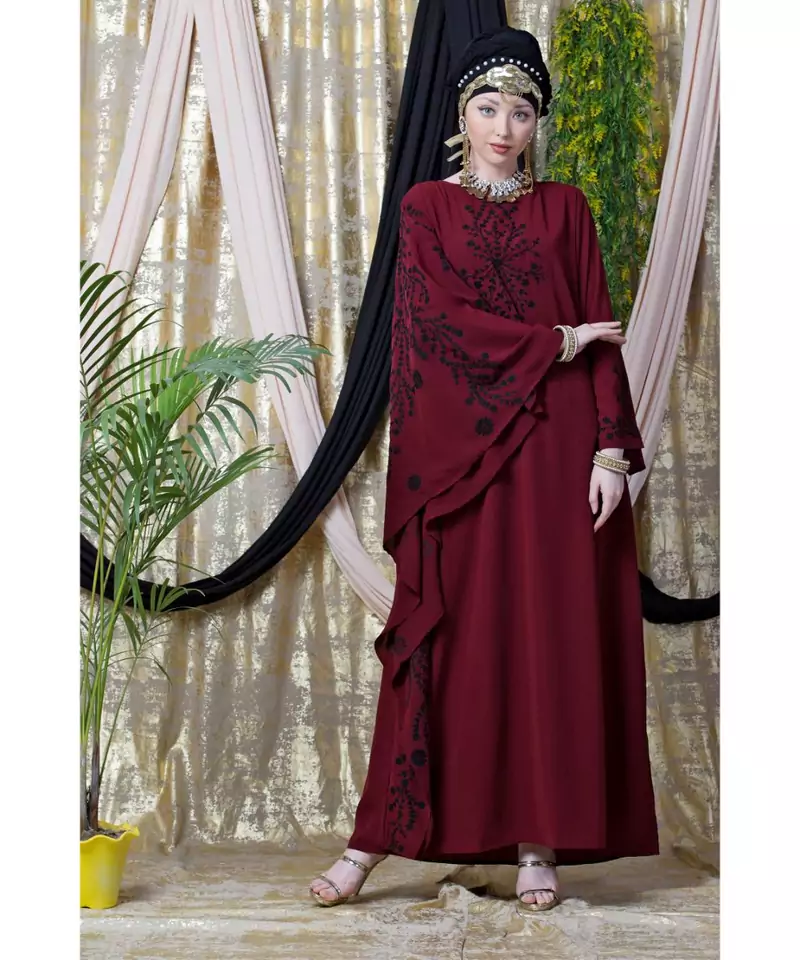 Maroon Nazneen Embroidered Butterfly Sleeve  Party  Abaya
