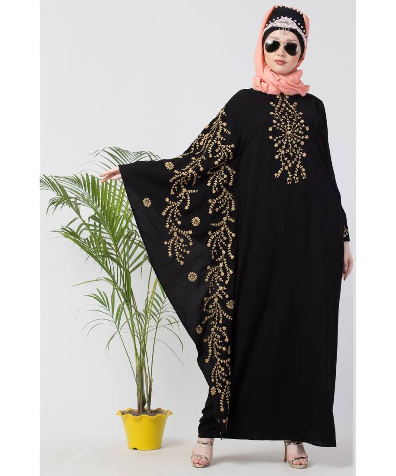 Black Nazneen Embroidered Butterfly Sleeve  Party  Abaya