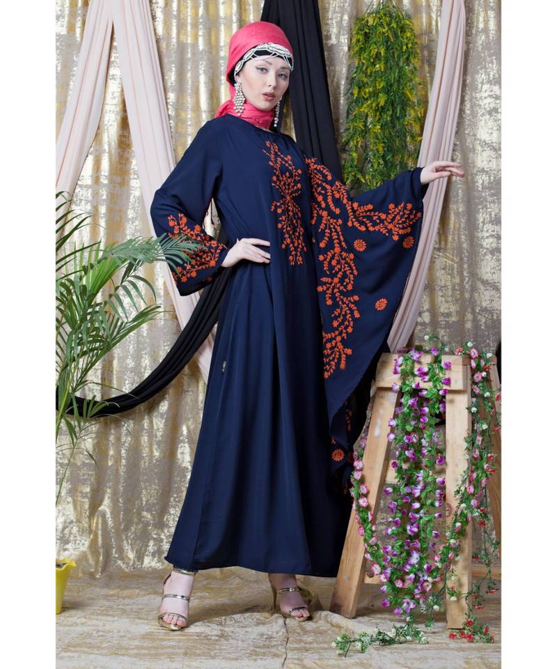 Blue Nazneen Embroidered Butterfly Sleeve  Party  Abaya