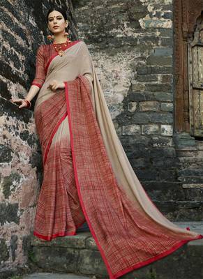 Beige printed cotton saree with blouse 1