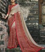 Beige printed cotton saree with blouse
