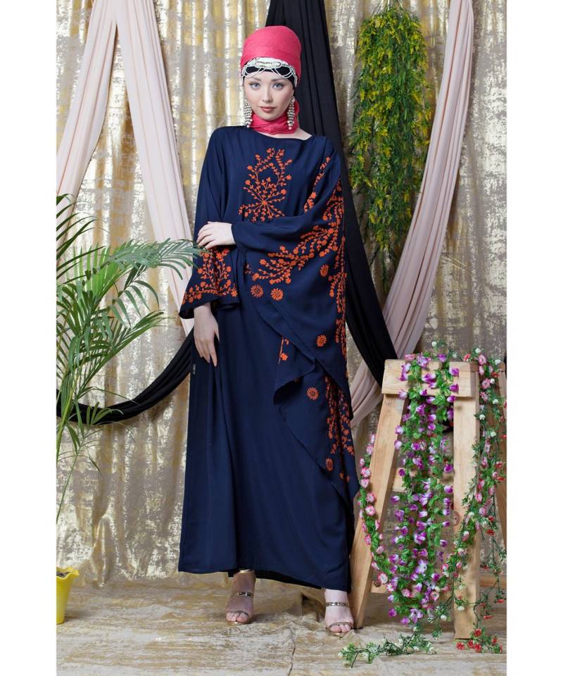 Blue Nazneen Embroidered Butterfly Sleeve  Party  Abaya