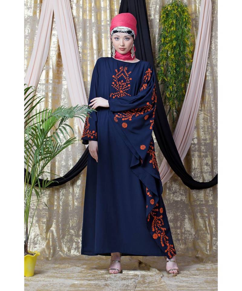 Blue Nazneen Embroidered Butterfly Sleeve  Party  Abaya