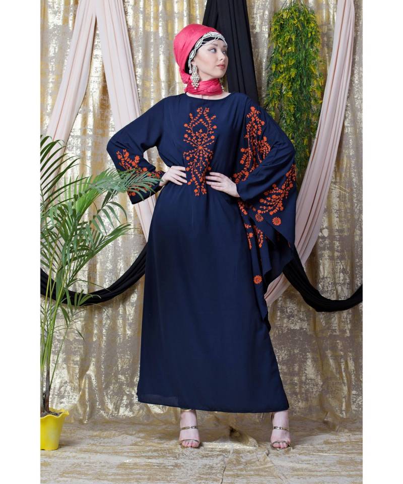 Blue Nazneen Embroidered Butterfly Sleeve  Party  Abaya