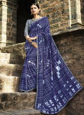 Navy blue printed cotton saree with blouse 1
