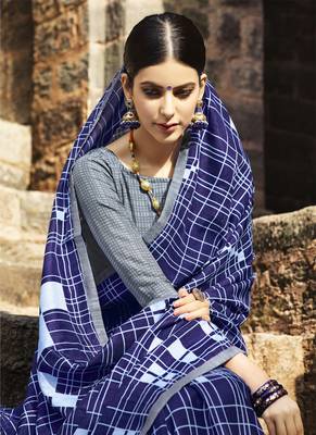 Navy blue printed cotton saree with blouse 2