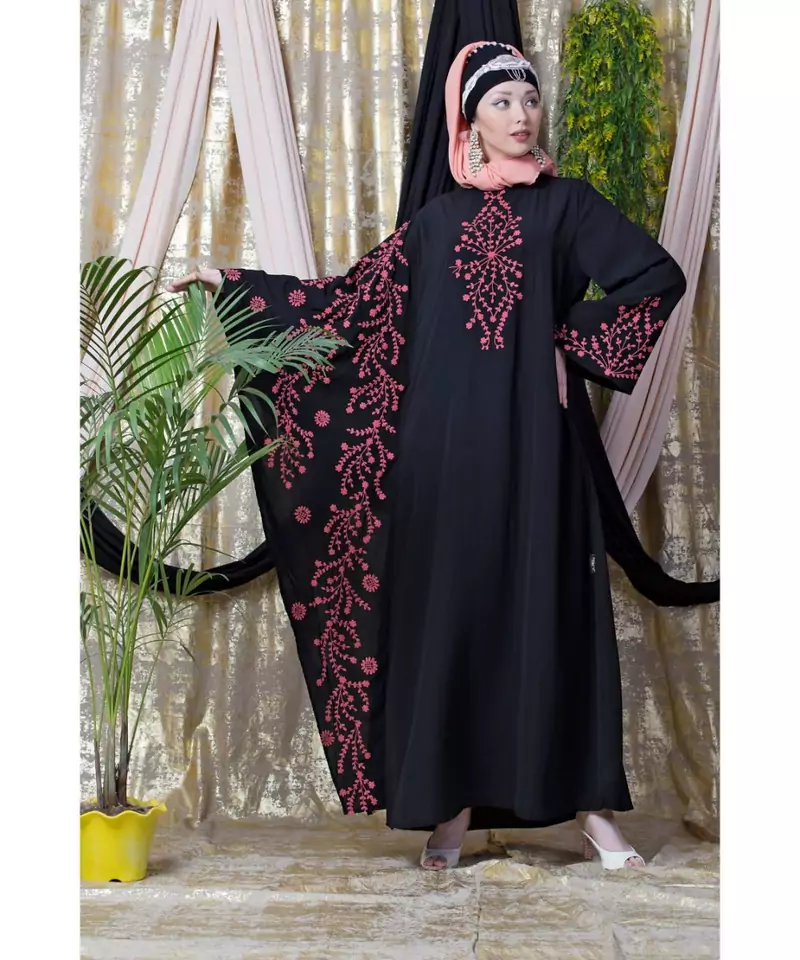 Black Nazneen Embroidered Butterfly Sleeve  Party  Abaya